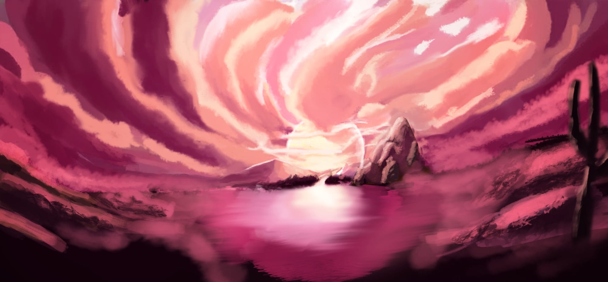 Painting of a sunset scene with swirling clouds, a large, setting sun, and red hues.