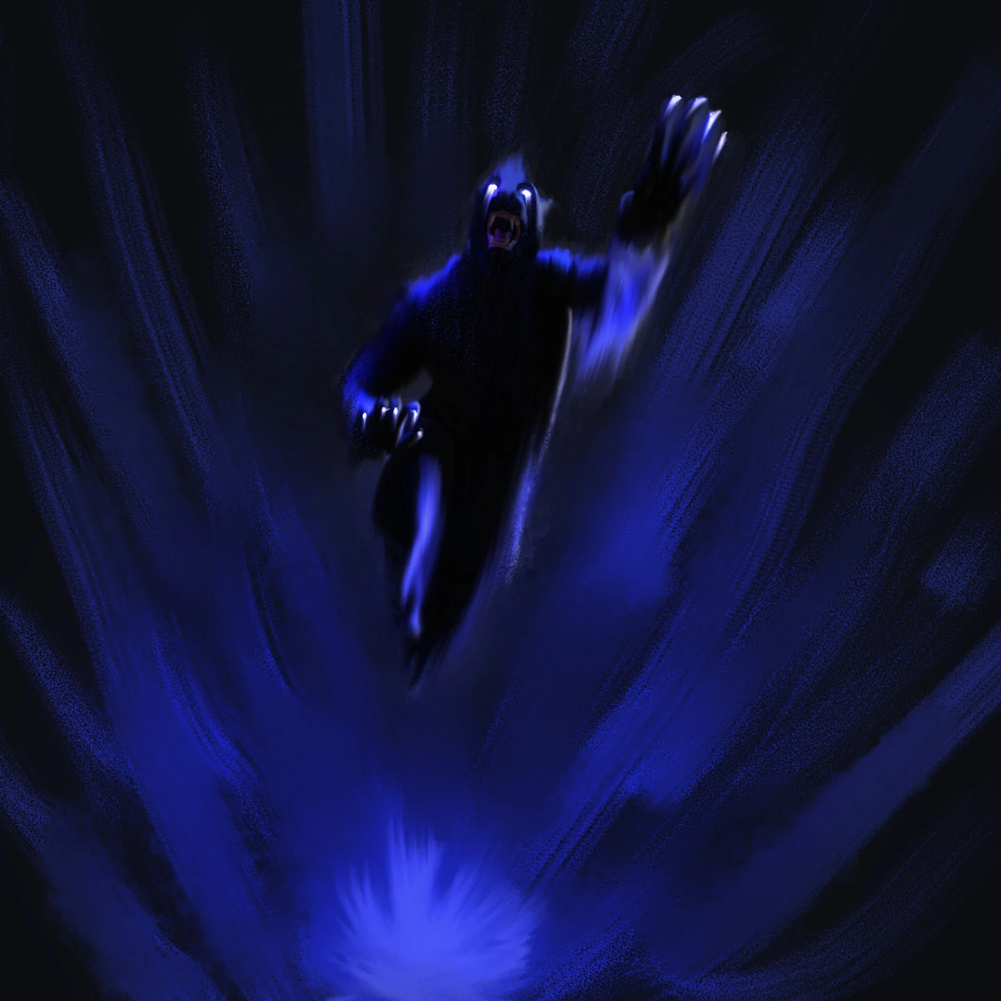 Illustration of a humanoid panther pouncing in a painterly art style